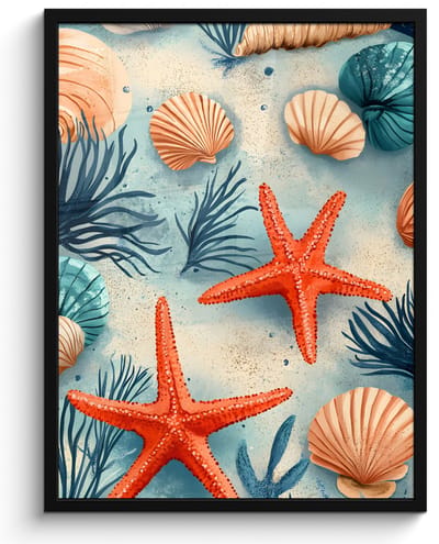 Poster in lijst - Fotolijst 50x70 cm - Posters - Zeesterren - Schelpen - Illustratie - Zand - Posterlijst zwart - Decoratie - Wanddecoratie woonkamer - Muurdecoratie slaapkamer