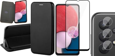 Hoesje geschikt voor Samsung Galaxy A13 4G - Book Case Kunstlederen Wallet Cover Minimalistisch Pasjeshouder Hoes Zwart - Full Tempered Glass Screenprotector - Camera Lens Protector