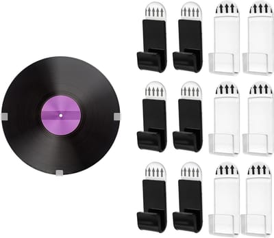 Transparante en zwarte wandhouder voor vinylplaten, boorvrije montage, decoratieve opslag voor thuis en kantoor, set van 12 stuks