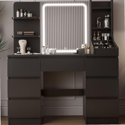Sierra, Kaptafel met LED Spiegel en Verlichting, instelbare helderheid, make-uptafel met 4 planken en 7 laden, 110 x 40 x 139 cm, moderne make-uptafel met grote opbergruimte (Zwart)