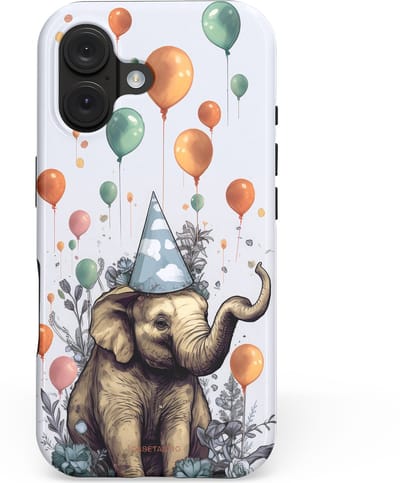 Casetastic hoesje geschikt voor Apple iPhone 16 - MagSafe - Dubbellaagse bescherming - Olifant Verjaardag - Fashion Case - Wit Lichtgrijs Taupe Donkergrijs