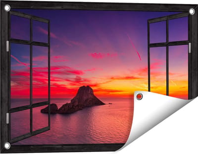 Gards Tuinposter Doorkijk Ibiza Rotsen Eiland bij Zonsondergang - 60x40 cm - Tuindoek - Tuindecoratie - Wanddecoratie buiten - Tuinschilderij