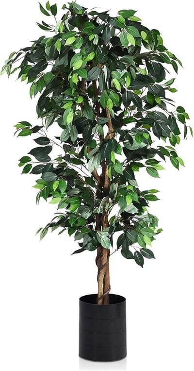 KOMFOTTEU 180 cm ficusboom met pot, kunstboom met 1008 bladeren en echte houten stam, decoratieve plant voor woonkamer of balkon, kunstplant van polyester en hout, incl. potafdekking