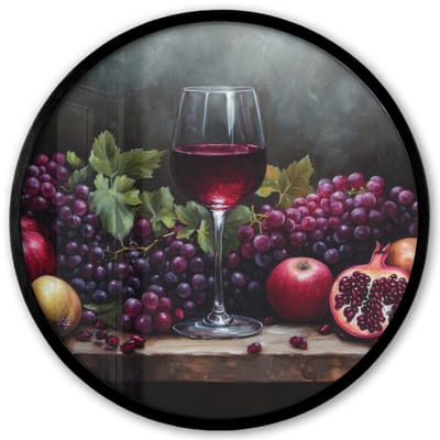 Poster in lijst Rond - Fotolijst 40x40 cm - Posters - Wijn - Fruit - Stilleven - Ronde posterlijst zwart - Decoratie - Wanddecoratie woonkamer - Muurdecoratie slaapkamer
