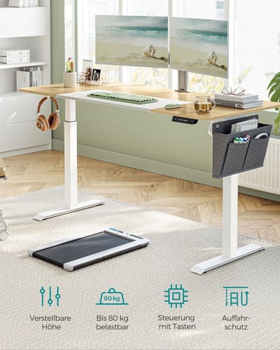 Elektrisch sta-bureau - Verstelbaar bureau - Zit-sta bureau - Spaanplaat stalen frame - Niet-geweven stof - Pastelgeel - Basis wit - 70 cm x 160 cm x (72-120) cm - 1,5 cm tafelblad - 31,2 kg Gewicht - 80 kg Max. Laad capaciteit