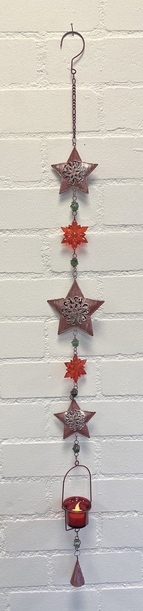Deco theelichthouder "Kerst" met metalen ketting - Kerststerren - rood koper kleurig - lengte 105 cm - exclusief theelicht - Woondecoratie - Theelichthouder - Feestversiering - Kerst