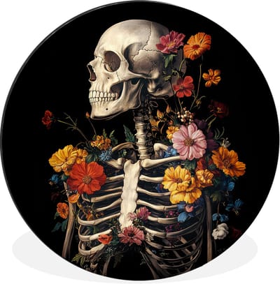 WallCircle - Wandcirkel - Muurcirkel - Skelet - Bloemen - Schedel - Kleurrijk - Aluminium - Dibond - 90x90 cm - Binnen en Buiten