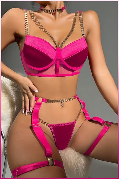 Purple-Daisy 3-delige set sensuele lingerie dames Bh met been lingerie set erotische lingerie PDS0039-F - Maat L/XL - Fuchsia