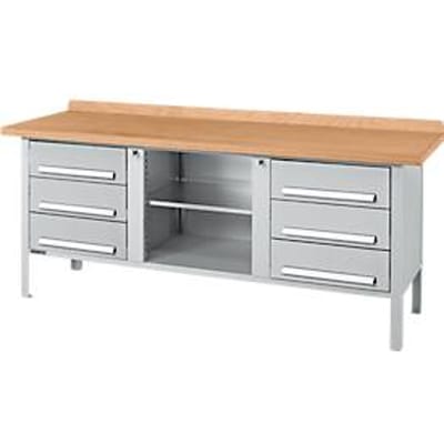 Box-type werkbank Schäfer Shop Select PW 200-2, beuken multiplex blad, tot 750 kg, B 2000 x D 700 x H 840 mm, blank aluminium