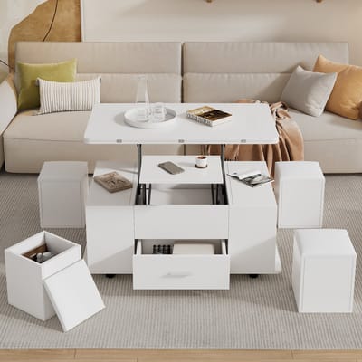 DESMIU Salontafel - Verstelbare Opklaptafel Met Opbergruimte En Hockers - Voor Woonkamer En Eetruimte - Spaanplaat - Wit - 100 X 50 X 45 Cm