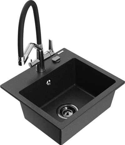 Mexen Milo granieten spoelbak 1-komorige met Duo keukenkraan, zwart/zilver metallic - 6505-73-671701-07-B