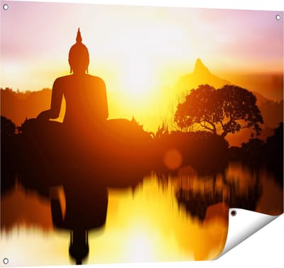 Gards Tuinposter Silhouet van Boeddha Beeld met Zonsondergang - 100x80 cm - Tuindoek - Tuindecoratie - Wanddecoratie buiten - Tuinschilderij