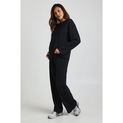 boohoo Dames Zwangerschaps T-shirt met lange mouwen & wijde pijpenbroek Co-ord | Black | Maat: 8