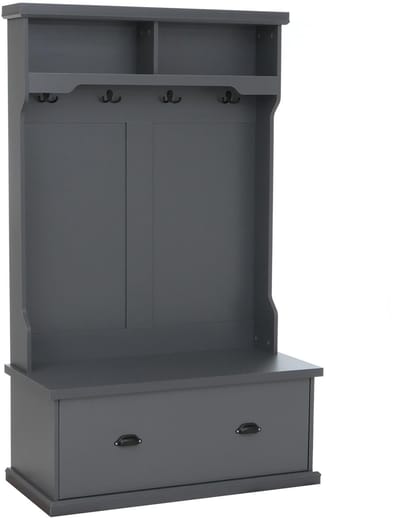 Garderobekast MCW-P27, halgarderobekast, houten garderobekast met zitbank, 4 haken, opbergvak, melamine, 163x100x47 cm ~ donkergrijs