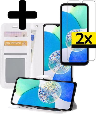 Hoesje - Met 2x Screenprotector - Geschikt voor Samsung Galaxy A14 - Luxe Pasjeshouder - Bookcase Portemonee - Flip Case - Kunstleer Book Case - Flipcase Hoes - Book Cover - Walletcase - Portemonneehoes - Telefoonhoesjes - Wit