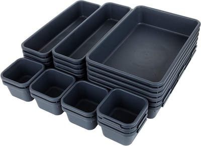 Organiseer je ruimte met 24-delige lade-organizer set voor kantoor, keuken en badkamer in donkergrijs - Inclusief 3 maten opberg trays voor make-up en meer