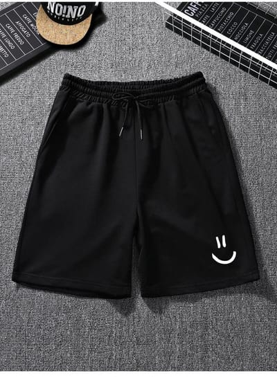 Trendy Zwarte Comfortabele Korte Broek met Elastische Taille en Stijlvolle Smiley Print voor Vrije Tijd en Sport - 2XL-3XL