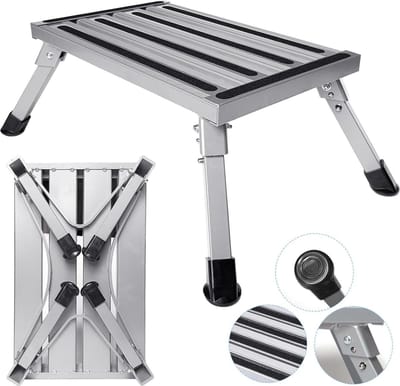 Inklapbaar werkplatform aluminium - Opstapje vouwtrapladder 1 trede - Maximale belasting 150 kg - 48 x 30 cm - Antislip rubberen voeten - Antislipmat