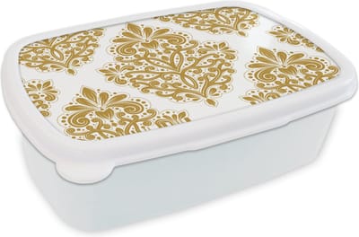 Broodtrommel Wit - Lunchbox - Brooddoos - Vintage - Bloemen - Goud - Patronen - 18x12x6 cm - Volwassenen