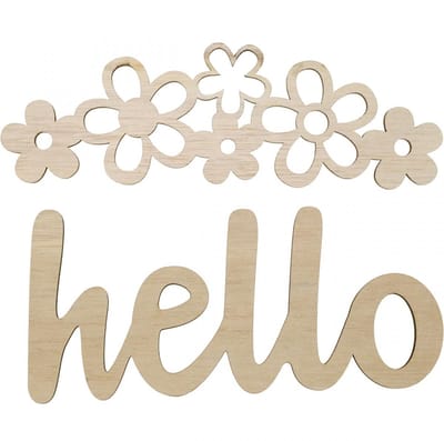 Houten decoratie bloemen "Hallo" natuur deco bord met magneet 18/19.5c