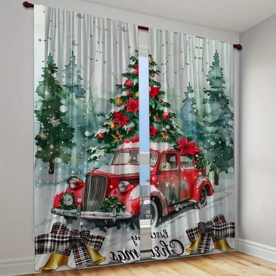 2 stuks Rode Kerst Bedrukte Semi-Verduisterende Gordijnen met Groene Takken en Gouden Ballen Gordijnen voor Woonkamer Slaapkamer (W50cmxH130cm)x2&Grommet Top gray
