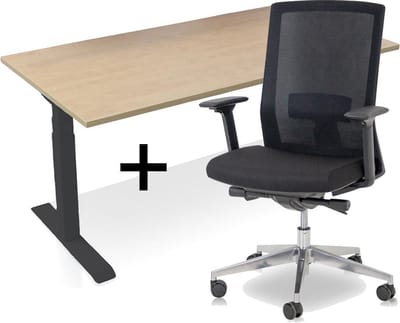 Zit-sta bureau elektrisch verstelbaar +  ERGO Bureaustoel | ARBO  PRO NEN-EN 527 Thuiswerkset | frame bureau zwart - bureaublad wild peren | 120x80 cm