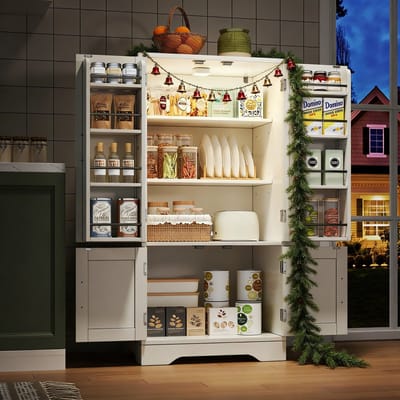 MODFU Keukenkast met LED-Sensorverlichting, 4 Deuren en Verstelbare Planken – Wit, 120x60x40 cm, Geschikt voor Keuken, Eetkamer of Woonkamer