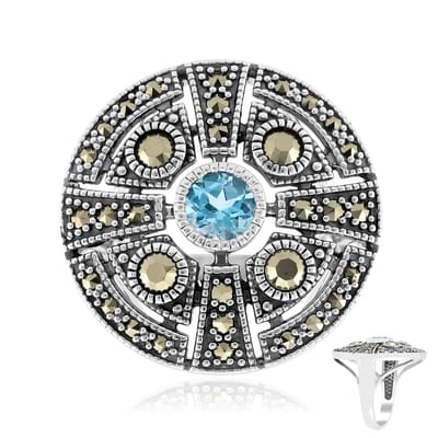 Cavill - Zilveren Damesring - 925 Sterling Zilver - Zwitsers Blauwe Topaas 0 53 ct - Marcasiet Rondgeslepen - Elegant Tijdloos Design - Maat 16 21