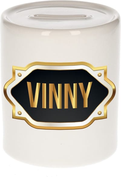 Spaarpot met voornaam Vinny - wit - met goud/zwart embleem - 8 x 9 cm - keramiek - met afsluitdop - cadeau verjaardag