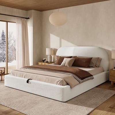 Pugsdrly Gestoffeerd bed, tweepersoonsbed, 180 x 200 cm, functioneel hydraulisch bed, bed met lattenbodem, hoofdeinde en grote opbergruimte, gestoffeerd hoofdeinde, beige bouclé