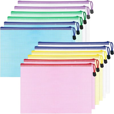 12 Kleurige Documenttassen A4 - Waterdichte Mesh Documenten Zak met Rits voor Kantoor, School en Reizen (33 x 23 cm, 6 Kleuren) - Ideaal voor Organisatie en Opslag van Documenten