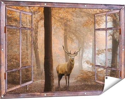 Gards Tuinposter Doorkijk Hert in het Bos - Herfst - 120x80 cm - Tuindoek - Tuindecoratie - Wanddecoratie buiten - Tuinschilderij