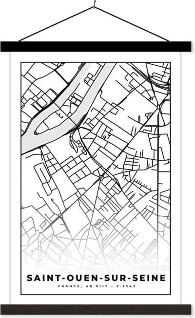 Posterhanger incl. Poster 40x60 cm - Schoolplaat - Plattegrond – Saint-Ouen-sur-Seine - Kaart – Frankrijk – Stadskaart - Zwart wit - Textielposter - Zwarte latten - Stadskaart