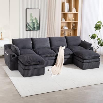 Modulaire 4-zits Corduroy Bank (met voetenbank),4-Zits Bank U-Bank – incl. kussens en 2 zijvakken, 3-laags Schuim + Veringkern voor Snelle Terugvering. Vrij combineerbaar – Ideaal voor Woonkamers, Kantoren en Meer,Donkergrijs