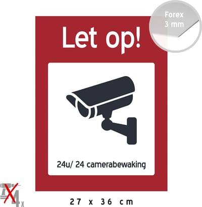 Pictogram/ bord | "Let op! 24u/ 24 camerabewaking" | 27 x 36 cm | CCTV | Bewaking | Toezicht | Videobewaking | Camera | Rood | U wordt gefilmd | Kunststof | 1 stuk