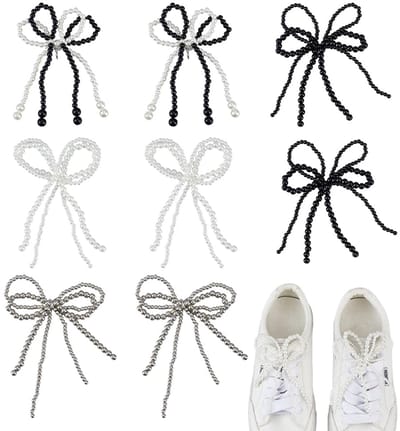 8 Stuks Parels Strik Schoen Charms voor Sneakers 4 Stijlen Boog Schoen Charms Wit Zwart Zilver Parel Strik Schoenen Decoratie Coquette Schoenen Decoratie Charms Elegante Parels DIY Kralen