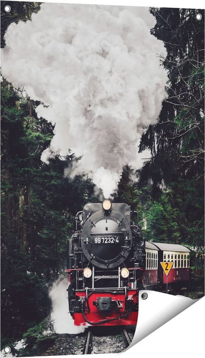 Gards Tuinposter Locomotief in de Bossen met Stoom Wolken - 60x90 cm - Tuindoek - Tuindecoratie - Wanddecoratie buiten - Tuinschilderij
