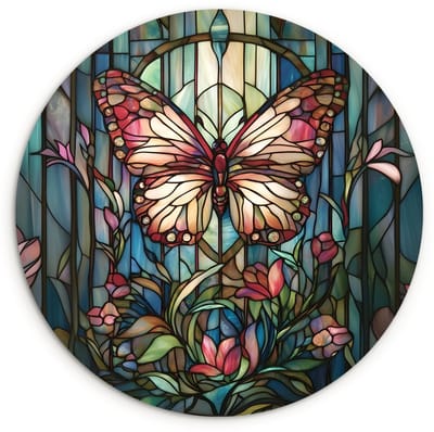 WallCircle® Wandcirkel 120x120 cm - Muurcirkel Vlinder - Roze - Bloemen - Bladeren - Muurdecoratie woonkamer - Wanddecoratie slaapkamer - Kamer decoratie accessoires - Ronde schilderijen XXL
