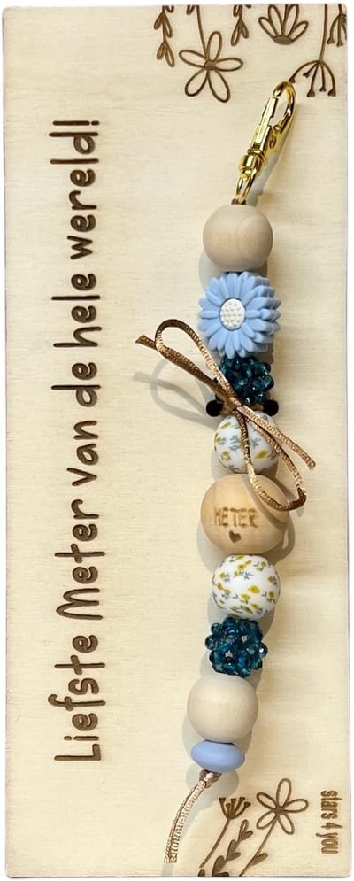 Sleutelhanger en houten kaartje liefste Meter | BLAUW | STRASS | jij bent de liefste | liefste meter | coolste peter | cadeau