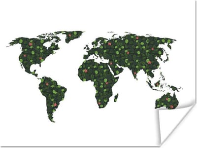 Wereldkaarten - Wereldkaart - Groen - Bladeren - 80x60 cm