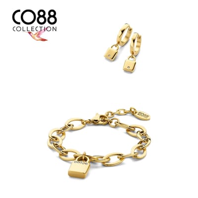 CO88 Collections 8CO-SET091 - Stalen Sieradenset - Armband met Oorringen - Hangslotje - 19,5 cm Lengte Armband - 16 mm Doorsnee Oorringen - Goudkleurig
