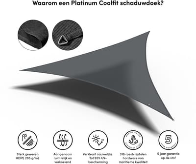 Platinum Sun & Shade - Coolfit - Schaduwdoek – Driehoek - 360x360x360cm – Antraciet – 5 jaar garantie - 95% UV protectie – Sterk geweven 285 g/m² - Hoge kleurechtheid