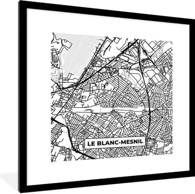 Fotolijst incl. Poster Zwart Wit- Kaart - Stadskaart - Frankrijk - Le Blanc-Mesnil - Plattegrond - Zwart wit - 40x40 cm - Posterlijst