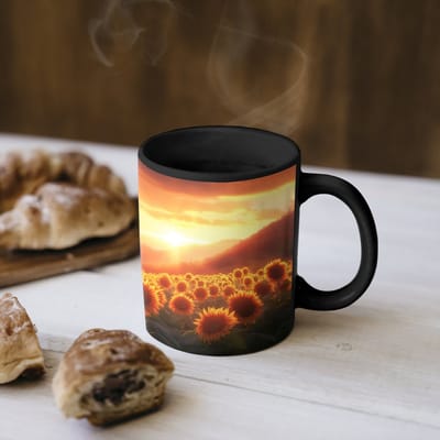 Magische Mok - Foto op Warmte Mokken - Koffiemok - Zonnebloemen - Zonsondergang - Landschap - Magic Mok - Beker - 350 ML - Theemok