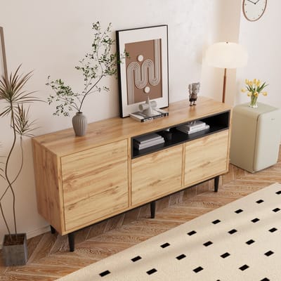 REDOM Sideboard 160x35x76 cm – MDF kast met 3 deuren en verstelbare planken, zwart/naturel, ruimtebesparend, eenvoudige montage