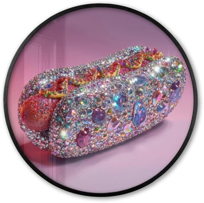 Poster in lijst Rond - Fotolijst 60x60 cm - Posters - Hotdog - Steentjes - Glitters - Paars - Ronde posterlijst zwart - Decoratie - Wanddecoratie woonkamer - Muurdecoratie slaapkamer