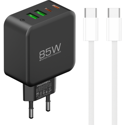 PAVAREAL K129CTC GaN 85 W zwarte oplaadset ondersteunt snelladen voor iPhone, iPad, MacBook, telefoons uit de Samsung-serie