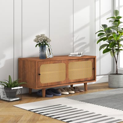 HAUSS Schoenenkast Met Rotan Deuren – Elegante Opbergkast Met 2 Deuren En Verstelbare Planken – Voor Hal, Woonkamer En Slaapkamer – Walnootkleur – 104 x 40 x 48 cm