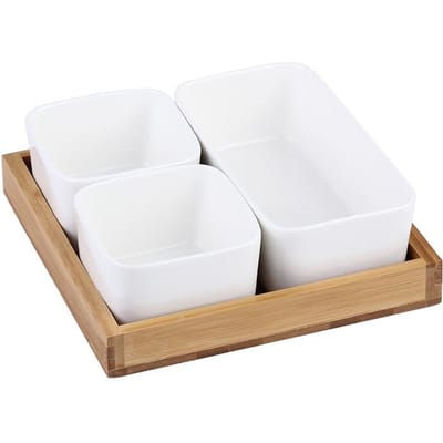 Keramische Bamboe en Hout Compartiment Droog Fruit Schaal Snack Opbergdoos Fruitschaal Apart Bord Snackbord Houten Dienblad white