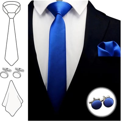 Fako Fashion - Stropdas Met Pochette en Manchetknopen - Gestreept - Ribstructuur - 100% Zijde - Effen - 6cm - 145cm - Royal Blauw - Koningsblauw